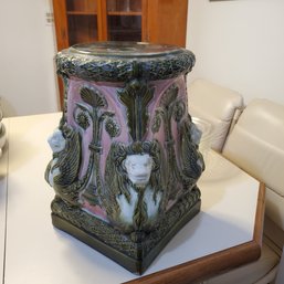 Vintage Ceramic Plant Pedestal With Winged Figural Corners   ...LR