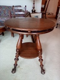 Vintage Oak Parlor / Lamp Table With Glass Ball & Claw Feet, Turned Legs, A Shelf & Double Top Ring Edge    LR
