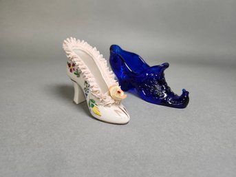 Vintage Hand Painted & Cobalt Blue Glass Shoe Decor