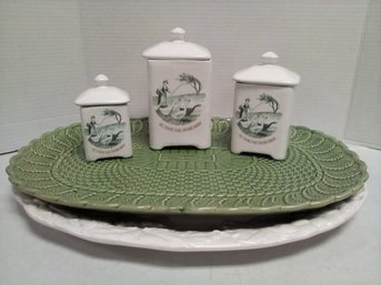 3 America Retold Ceramic Canisters & 2 Large Ceramic Serving Platters      SB/CVBKB