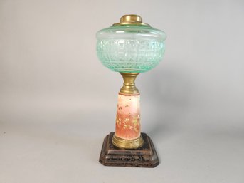 Stunning Antique Hand Painted Green Glass, Porcelain & Brass Oil Lamp