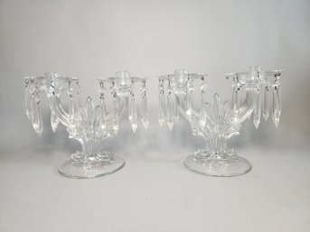 Pair Of  Antique Fostoria Baroque Glass Double Candlesticks With Removable Wax Catcher & Hanging Crystals