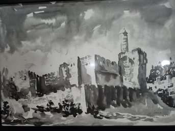 1973 Signed Hiddman Black And White Painting Of Castle