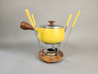 Vintage Japanese Yellow Enamel & Wood Fondue Pot Set