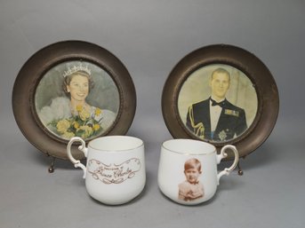 Vintage Brass Rimmed Elizabeth & Philip Plates And Paragon King Charles Mugs