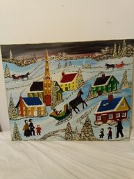 VINTAGE HELEN FOY FOLK ART OIL ON CANVAS PAINTING