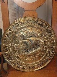 Beautiful 1950s Brass Embossed Wall Hanging Platter Tall Sail Ships - 25 Inch Diameter!      Br1