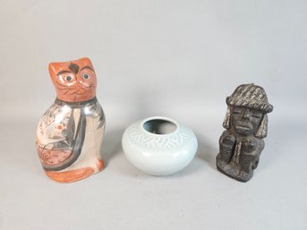 Mexican Beeswax Figure, Clay Cat & Signed Ceramic Bowl