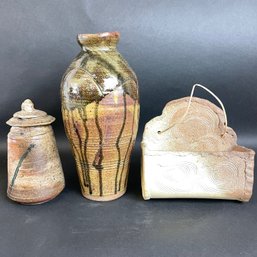 Three Pieces Studio Pottery Vase, Wall Pocket