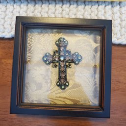 Framed With Glass - A Religious Crucifix With Metal, Glass Beads & Gems     DR