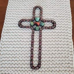 Handcrafted Metal Wall Crucifix With Turquoise & Red Coral Decorations   DR