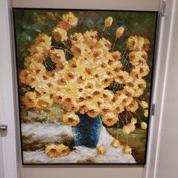 Incredible Framed Large Oil On Canvas Thick Strokes Of Yellow Flowers Strokes         Hall