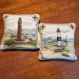 Pair Of Cute Wool Needlepoint Nautical Lighthouse Katha Diddel Home Collection Accent Pillows. DR