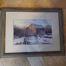 A Barn In Winter - Framed Watercolor Signed LK Hall  In Natural Wood Frame      DR