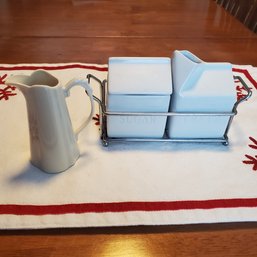 Two Creamers & One Sugar Bowl With Lid - Plus A Metal Caddy