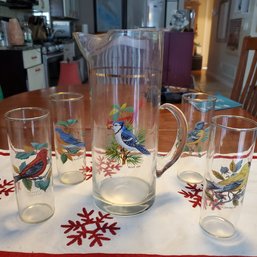 4 Tall Iced Tea Glasses & Tall Pitcher With Bird Prints Applied To Outside With Gold Edged Rims  (LR)