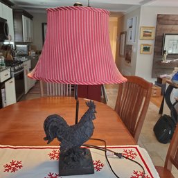 Solid Rooster Lamp With Lovely Red Striped Shade. LR