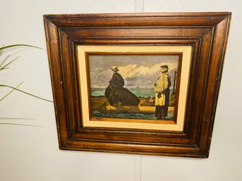 Framed Winslow Homer  Etched Engraving On Bakelite- Waiting For Dad