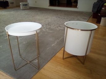 2 Brass Style Plant Stands, One With Metal Tray, One With Metal Flower Pot  Deck