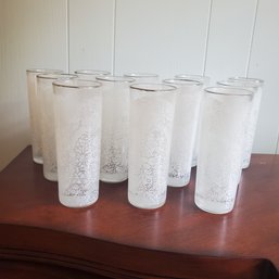 Vintage MCM Barware - One -dozen Tall Tumbler Glasses Decorated In White Flowers    212/WA-D