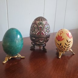 Three Decorated Eggs- 2 Painted Real Eggs & 1 Enamel On Brass Cloisonne That Opens For Storage Inside. LR