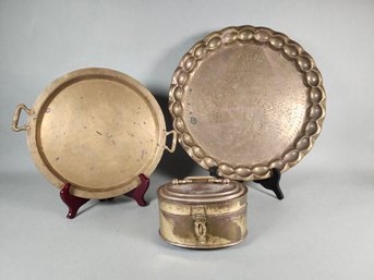 Vintage Brass Platters & Lidded Tin