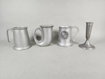 Vintage Pewter Tankard & Horn Mugs With Candlestick