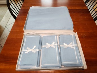 Linen Tablecloth & Napkins,  Blue With White Embroidered Trim