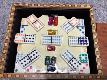 Beautifully Boxed Domino Set For Playing Mexican Train Wood Box Unused