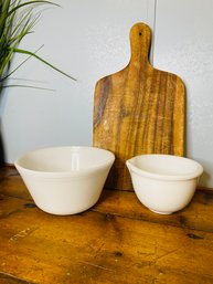 Wood Cutting Board And Pair Of Milk Glass Bowls