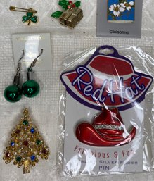Vintage & Contemporary Lot Jewelry: Eisenberg Christmas Tree Brooch, Xmas, Red Hot Sterling Finish Red Hat Pin