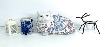 Hand Painted Floral Flower Resting Kitten ,Blue Yellow Gold Green Bombay Celadon Crock Vase  8' Tin Votive