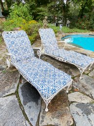 PAIR Vintage White Wrought Iron Loungers With Blue White Cushions