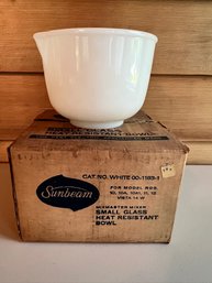 ORIGINAL Sunbeam Mixmaster White Glass Mixing Bowl, In Original Box, Fire King!!!