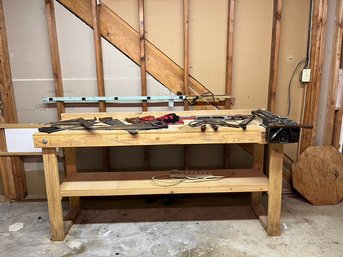 Homemade Wood Work Bench With Long Vice And All Tools On The Table