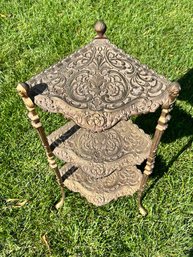 ANTIQUE 1930S BRONZE GOLD FINISH FIGURAL ORNATE 3 TIER SIDE TABLE PLANT STAND