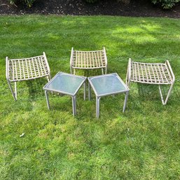 3 Vintage  Brown Jordan Tamiami Ottomans And 2 Drinks Tables