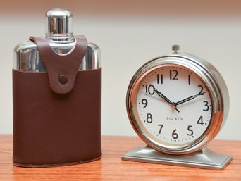 Flask With New York Leather Case And Big Ben Alarm Clock