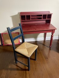 Americana Wood Desk And Rushed Seated Chair With Painted Accents