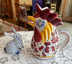 Ferita Galletto Red Hand Painted Ceramic Rooster Pitcher And One Miniature Sitting Rabbit Figurine.