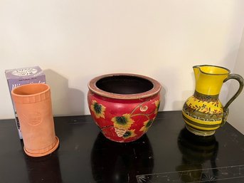 Ceramic Lot, Red & Yellow Flowerpot, Pitcher, Wine Holder