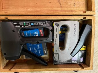 Wood Box Filled With 2 Staple Guns And Staples