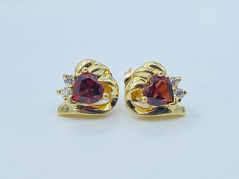 10k Yellow Gold Garnet Heart Shaped Stud Earrings