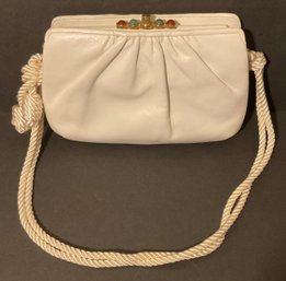 Judith Leiber Vintage White Leather, Bejeweled Clasp Handbag