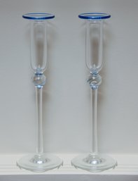 Pair Of Blue Rimmed Fine Tapered Crystal Candle Sticks