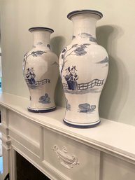 PAIR Asian Blue & White Hand Painted Ceramic Jars