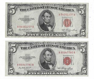 Pair 1953 Five Dollar RED Seal United States Notes