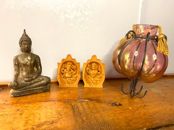 Metal Buddha, Mini Carved Alter And Caged Glass Hanger