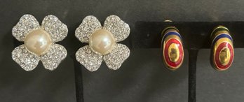 Kenneth Lane  2 Pairs Clip On Earrings: Rhinestone Flower Faux Pearl, Enamel Painted 80's Half Gold Tone Hoops