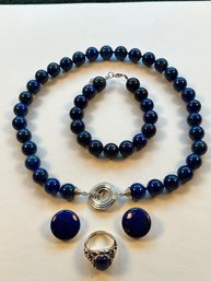 12mm Large Lapis Beads With Sterling Silver, 16' Long, Bracelet, Ring And Earrings! Beautiful Set!